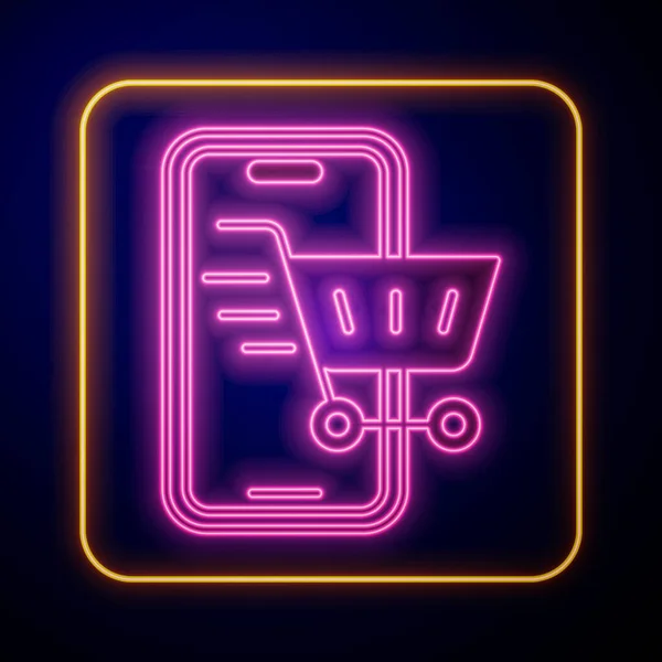 Glowing Neon Mobile Phone Shopping Cart Icon Isolated Black Background — 스톡 벡터