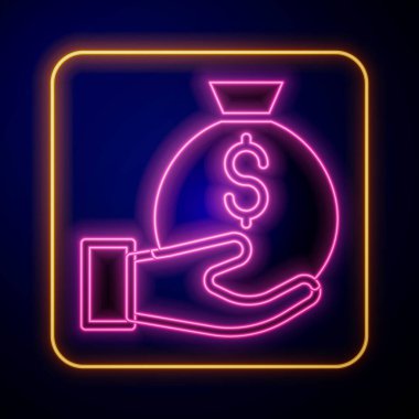 Glowing neon Money bag icon isolated on black background. Dollar or USD symbol. Cash Banking currency sign.  Vector