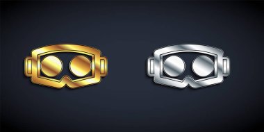 Siyah arkaplanda izole edilmiş altın ve gümüş sanal gerçeklik gözlüğü simgesi. Stereoskopik 3D VR maskesi. Optik baş monte edildi. Uzun gölge tarzı. Vektör