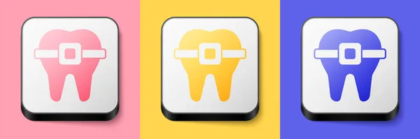 Zęby Izometryczne Ikoną Aparatu Różowym Żółtym Niebieskim Tle Wyrównywanie Zębów — Wektor stockowy