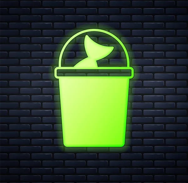 Glowing Neon Fishing Bucket Fish Icon Isolated Brick Wall Background — Image vectorielle