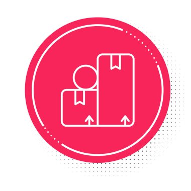 Beyaz çizgi karton kutu simgesi beyaz arkaplanda izole edildi. Kutu, paket, paket işareti. Teslimat ve ambalaj. Kırmızı daire düğmesi. Vektör