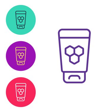 Beyaz zemin üzerinde bal simgesi izole edilmiş çizgi kozmetik tüpünü ayarla. Doğal cilt bakımı. Simgeleri renklendirin. Vektör