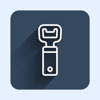 Beyaz çizgi şişe açacağı simgesi uzun gölge arkaplanı ile izole edildi. Mavi kare düğme. Vektör