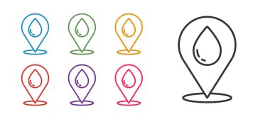 Beyaz arkaplanda izole edilmiş konum simgesi ile su bırakma hattı ayarlayın. Simgeleri renklendirin. Vektör