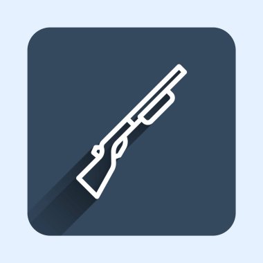 Beyaz çizgili av silahı ikonu uzun gölgeli arka planda izole edildi. Av tüfeği. Mavi kare düğme. Vektör