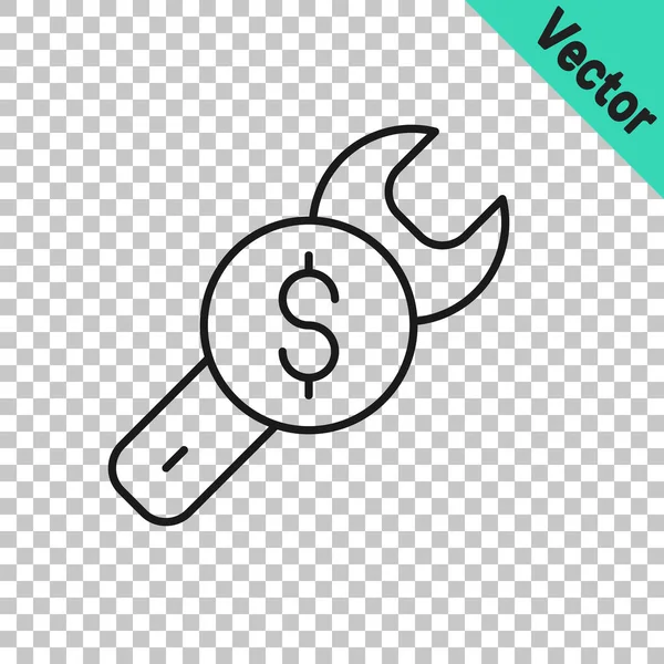 Black Line Repair Price Icon Isolated Transparent Background Dollar Wrench — Stockvektor