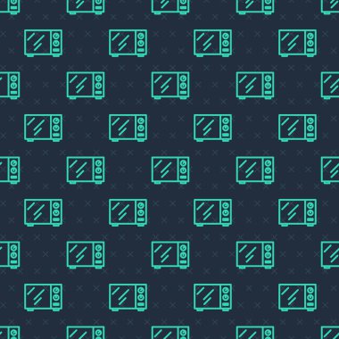 Yeşil çizgi mikrodalga fırın ikonu mavi arka planda izole edilmiş pürüzsüz desen. Ev aletleri simgesi. Vektör