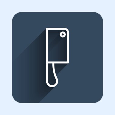 Beyaz çizgi Et Helikopteri simgesi uzun gölge arkaplanı ile izole edildi. Et için mutfak bıçağı. Kasap bıçağı. Mavi kare düğme. Vektör