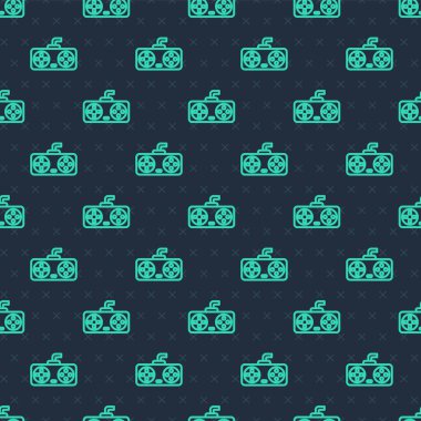 Oyun konsolu simgesi için yeşil çizgi oyun denetleyicisi veya joystick mavi arkaplanda izole edilmiş dikişsiz kalıp. Vektör