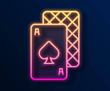 Parlayan neon hattı siyah arkaplanda izole edilmiş kart simgesi çalıyor. Kumarhane kumarı. Vektör