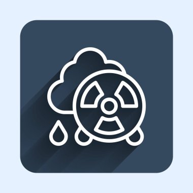 Beyaz çizgi asit yağmuru ve uzun gölge arkaplan izole edilmiş radyoaktif bulut simgesi. Zehirli hava kirliliğinin çevre üzerindeki etkileri. Mavi kare düğme. Vektör