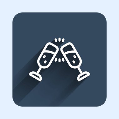 White line Glass of champagne icon isolated with long shadow background. Merry Christmas and Happy New Year. Blue square button. Vector