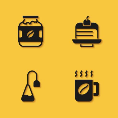 Kahve kavanozu şişesi, fincan, çay poşeti ve uzun gölgeli kek ikonu hazırla. Vektör