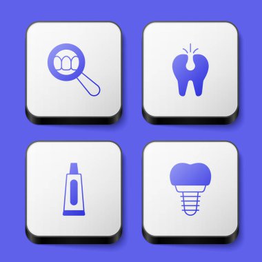 Diş taramasını, kırık dişi, diş macunu tüpünü ve implant simgesini ayarla. Beyaz kare düğme. Vektör