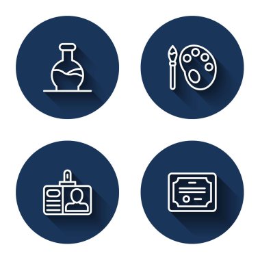 Çizgi Test tüpü, paletli boya fırçası, kimlik kartı ve uzun gölgeli sertifika şablonu. Mavi daire düğmesi. Vektör