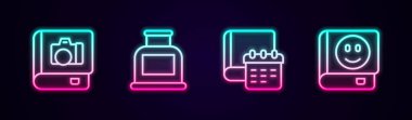 Set hattı Photo, Inkwell, Daily Paper Notepad ve Book. Parlayan neon ikonu. Vektör