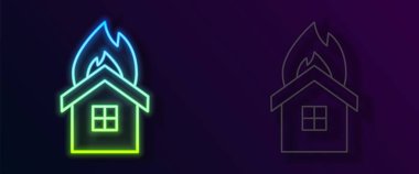 Glowing neon line Fire in burning house icon isolated on black background. Insurance concept. Security, safety, protection, protect concept.  Vector