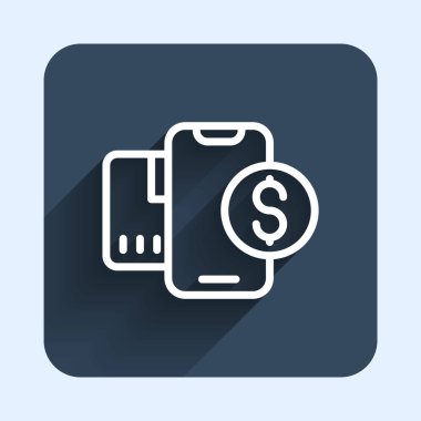 Dolar sembolü simgesi olan beyaz çizgi akıllı telefon uzun gölge arkaplanı ile izole edilmiş. İnternetten alışveriş konsepti. Finansal cep telefonu simgesi. Çevrimiçi ödeme. Mavi kare düğme. Vektör