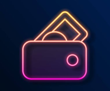 Glowing neon line Wallet with money icon isolated on black background. Purse icon. Cash savings symbol.  Vector