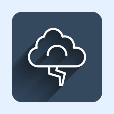 Beyaz çizgi Storm simgesi uzun gölge arkaplanı ile izole edildi. Bulut ve şimşek işareti. Fırtınanın hava durumu ikonu. Mavi kare düğme. Vektör