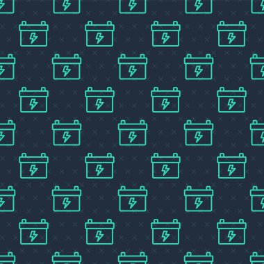 Yeşil çizgili araba aküsü ikonu mavi arka planda izole edilmiş. Akümülatör bataryası enerji ve elektrik akümülatörü bataryası. Vektör