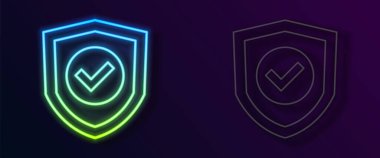 Glowing neon line Shield with check mark icon isolated on black background. Protection symbol. Security check Icon. Tick mark approved icon.  Vector