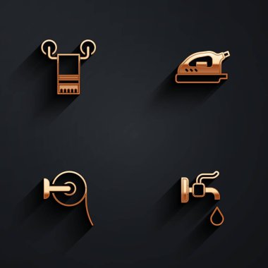 Havluyu askıya al, elektrikli ütü, tuvalet kağıdı rulosu ve uzun gölgeli musluk ikonu. Vektör