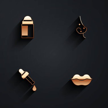 Deodorant rulosunu, sivilceyi, yağlı Pipette 'i ve uzun gölgeli gülen dudaklar ikonunu ayarlayın. Vektör