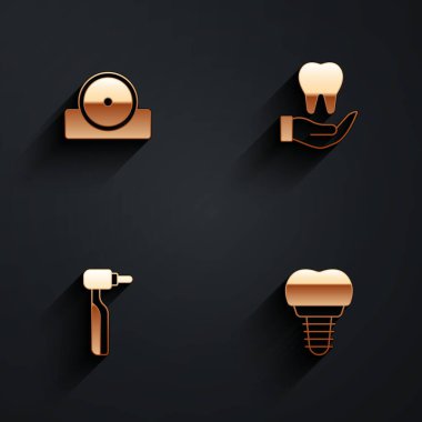 Otolaryngological baş reflektörü, Diş, sondaj ve diş implantı simgesini uzun gölgeli ayarla. Vektör