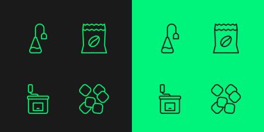 Sıra şeker küpleri, el yapımı kahve öğütücü, çay poşeti ve poşet fasulye ikonu. Vektör