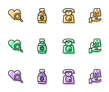 Acil hattı ara, 911 'i ara, tıbbi kalp muayenesi, bir şişe ilaç şurubu ve kan bağışı ikonu. Vektör