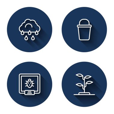 Bulut 'u yağmurla, Bucket' la, Colorado böceğiyle ve uzun gölgeli filizle hizaya sokun. Mavi daire düğmesi. Vektör