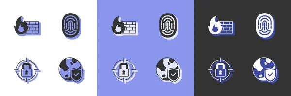 Set Shield World Globe Firewall Security Wall Lock Fingerprint Icon — Διανυσματικό Αρχείο