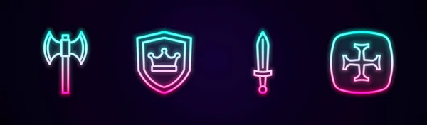 Set Line Medieval Poleaxe Shield Crown Sword Crusade Glowing Neon — ストックベクタ