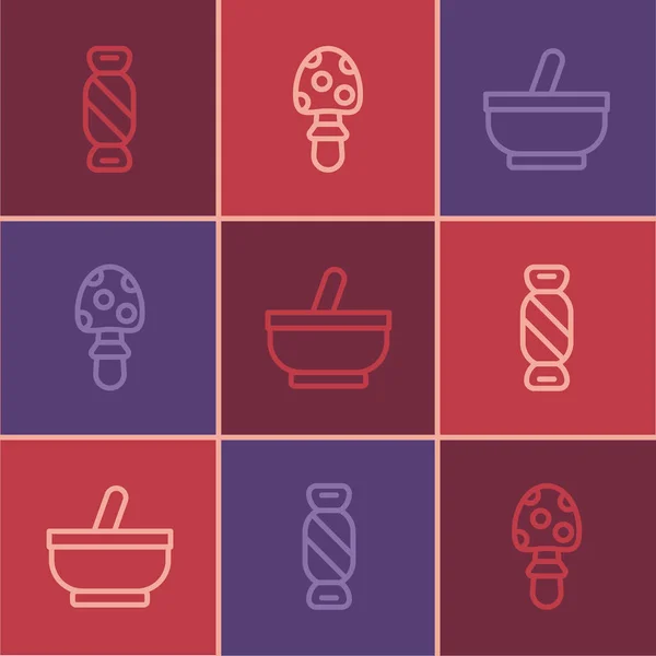 Set Line Candy Mortar Pestle Fly Agaric Mushroom Icon Vector — Stok Vektör