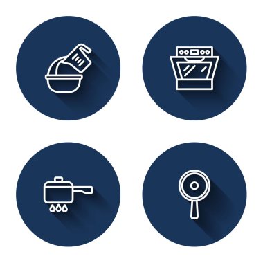 Ölçme kabı ve fırın fırınını ateşe verin ve uzun gölgeli kızartma tavası. Mavi daire düğmesi. Vektör.