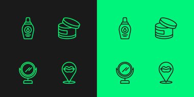 Sıralı gülümseme dudakları, yuvarlak makyaj aynası, bir şişe şampuan ve krem losyon kozmetik tüp ikonu. Vektör