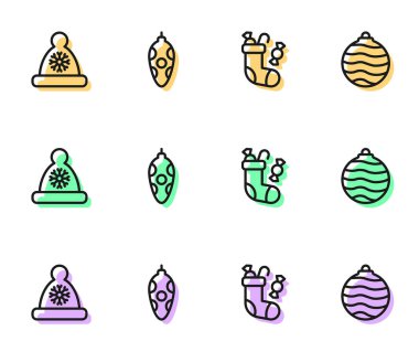 Noel çorapları, Noel Baba şapkası, oyuncak ve top ikonu. Vektör