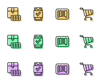Barkod fiyat etiketini bir dolarlık mobil alışveriş ve alışveriş arabası ikonu ile ayarla. Vektör.