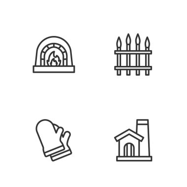 Demirci atölyesinin içini, koruyucu eldivenleri, demirci fırınını ve klasik demir çit ikonunu ayarla. Vektör