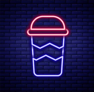 Parlayan neon hatlı kahve fincanı tuğla duvar arkasında izole edilmiş bir ikon haline gelecek. Renkli taslak konsepti. Vektör.