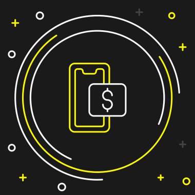 Telefon hattı ve alışveriş arabası simgesi siyah arka planda izole edildi. İnternetten satın alma sembolü. Süpermarket sepeti sembolü. Renkli taslak konsepti. Vektör.