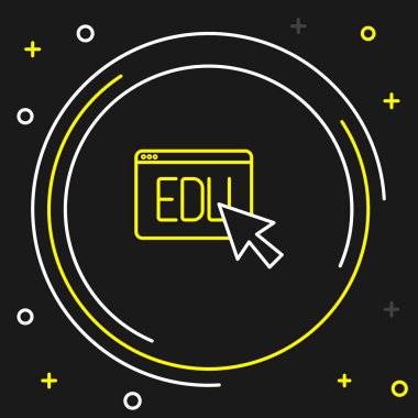 Çevrimiçi eğitim ve mezuniyet ikonu siyah arkaplanda izole edildi. İnternetteki öğretmen monitörde. Giyinme ve video semineri öğrenme. Renkli taslak konsepti. Vektör.