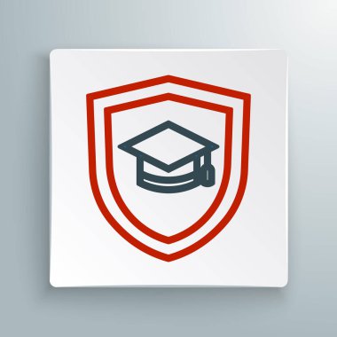 Beyaz zemin üzerinde kalkan simgesi olan çizgi mezuniyet şapkası. Sigorta konsepti. Güvenlik, güvenlik, koruma, konsept koruma. Renkli taslak konsepti. Vektör.