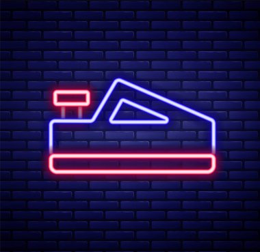 Glowing neon line Wood plane tool for woodworker hand crafted icon isolated on brick wall background. Jointer plane. Colorful outline concept. Vector.