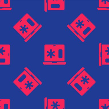 Laptop ikonundaki kırmızı tıbbi kayıtlar mavi arkaplandaki pürüzsüz deseni izole etti. Sağlık sigortası formu. Tıbbi kontrol işaretleri raporu. Vektör.