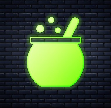 Parlayan neon renkli cadılar bayramı cadı kazanı ikonu tuğla duvar arkasında izole edilmiş. Mutlu Cadılar Bayramı Partisi. Vektör.