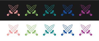 Çapraz Ortaçağ kılıç simgesini siyah beyaz arkaplanda izole et. Ortaçağ silahı. Vektör.