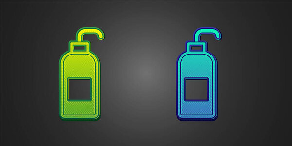 Green and blue Bottle of liquid antibacterial soap with dispenser icon isolated on black background. Antiseptic. Disinfection, hygiene, skin care. Vector.